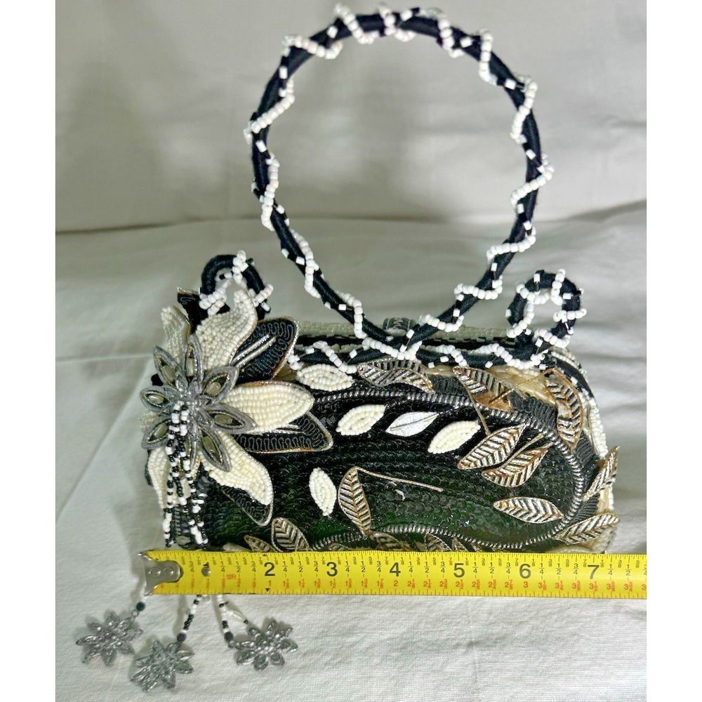 Vintage Mary Frances Beaded Mini Handbag Black White Floral Evening Purse Y2K - Picture 16 of 16